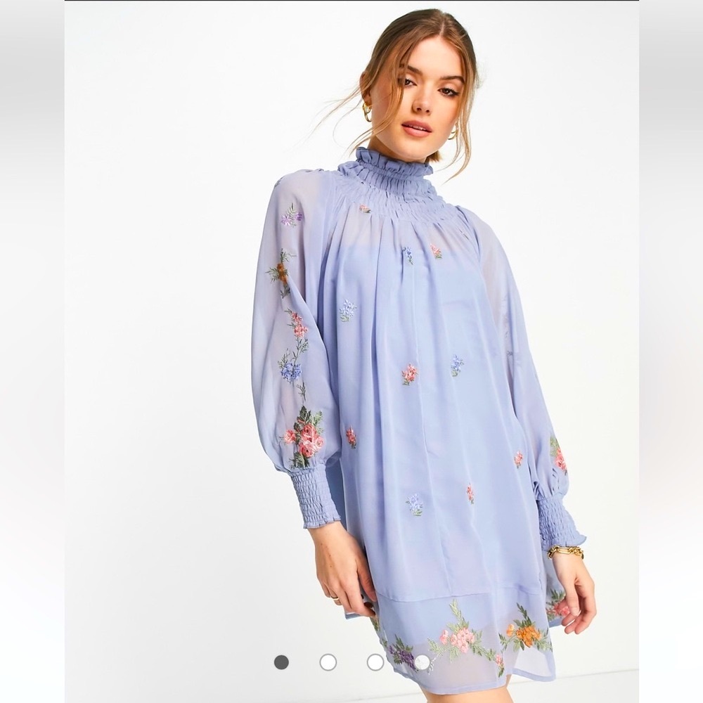 ASOS DESIGN Embroidered Shirred Neck Mini Smock Dress in pale blue